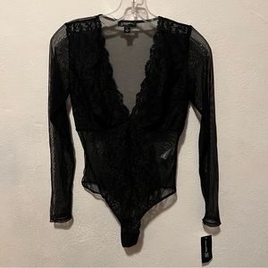 INC Black Lace /Mesh Bodysuit, NWT